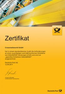 Zertifikat geprüfter Einlieferer Dialogpost 2017 Crossmediaworld, Stuttgart