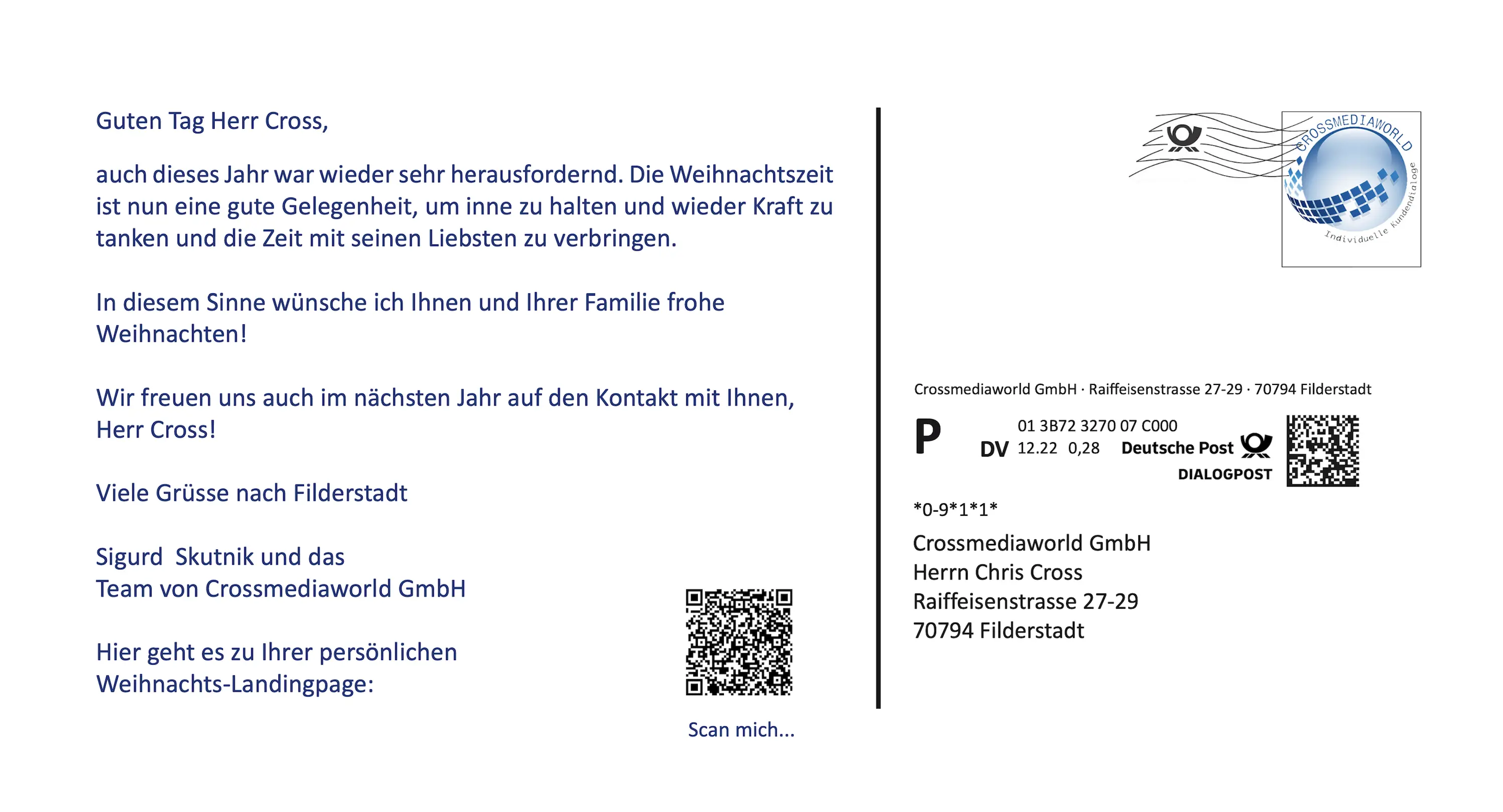 Abbildung einer personalisierten Weihnachtspostkarte mit Weihnachtsgrüßen an einen Kunden, einem QR-Code zur Landingpage sowie dem Adressfeld inklusive Dialogpost-Frankierung der Deutschen Post.