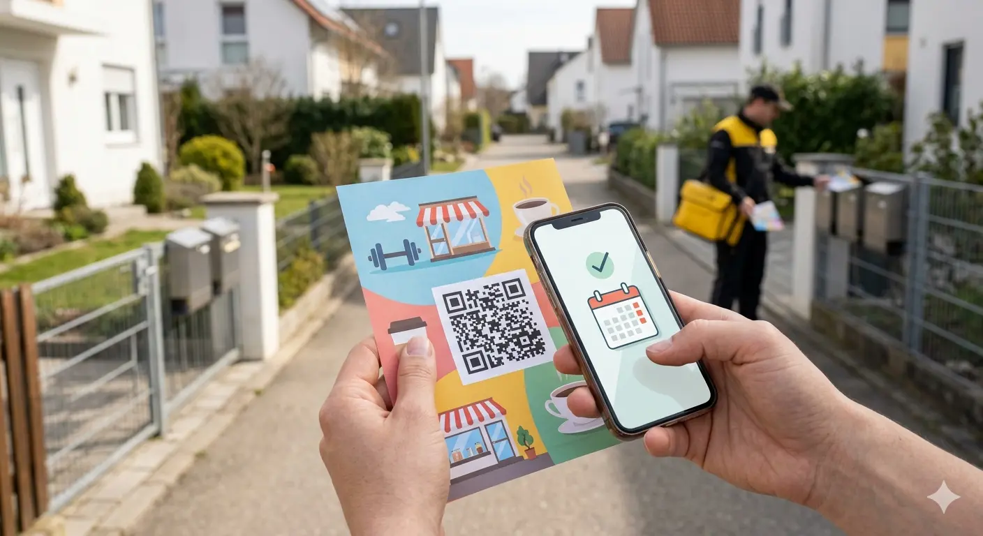 Hände halten einen bunten Flyer mit einem prominenten QR-Code und ein Smartphone, das ein Kalender-Symbol mit grünem Haken anzeigt. Im Hintergrund ist eine Wohnstraße zu sehen, in der ein Zusteller Post in Briefkästen einwirft.