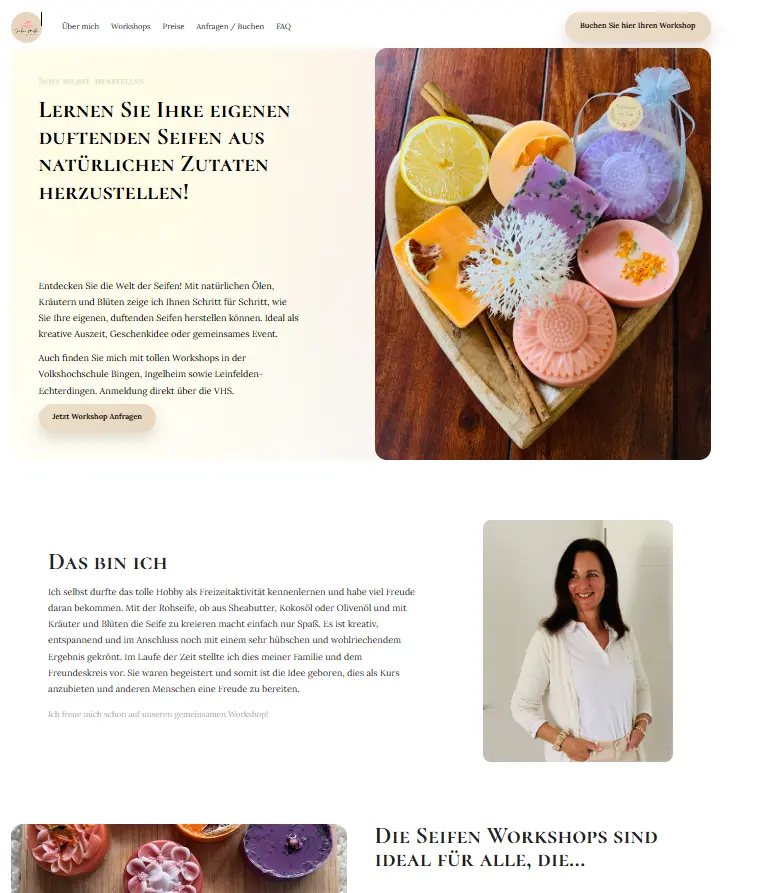 Screenshot einer Webseite für Seifen-Workshops mit Bildern von bunten, selbstgemachten Seifen und dem Porträt einer lächelnden Kursleiterin.