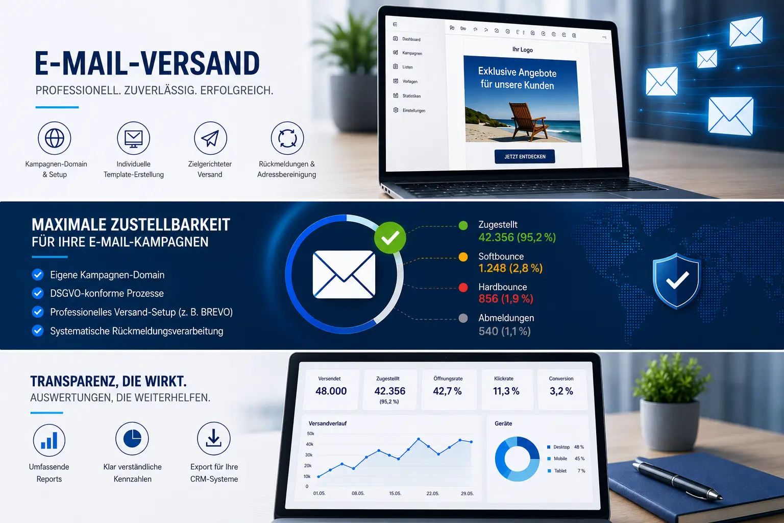 Infografik zum Leistungsumfang des E-Mail-Versands mit Fokus auf Template-Erstellung, Zustellbarkeit und Rückmeldungsverarbeitung.